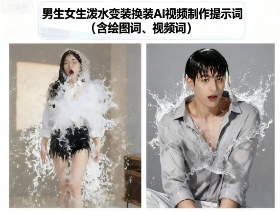 男生女生泼水变装换装AI视频制作提示词(含绘图词、视频词)-汉兴项目网创资源网