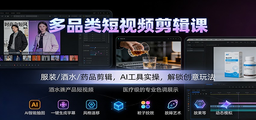 多品类短视频剪辑课:服装/酒水/药品剪辑,AI工具实操,解锁创意玩法-汉兴项目网创资源网