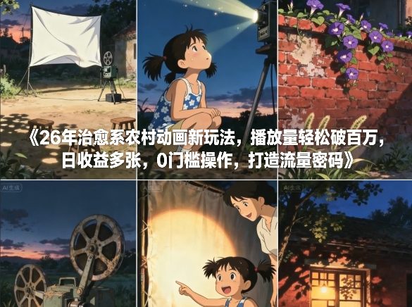 26年治愈系农村动画新玩法，播放量轻松破百万，日收益多张，0门槛操作，打造流量密码-汉兴项目网创资源网