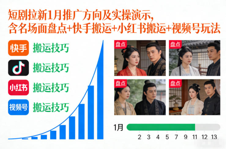 短剧拉新1月推广方向及实操演示，含名场面盘点+快手搬运+小红书搬运+视频号玩法-汉兴项目网创资源网
