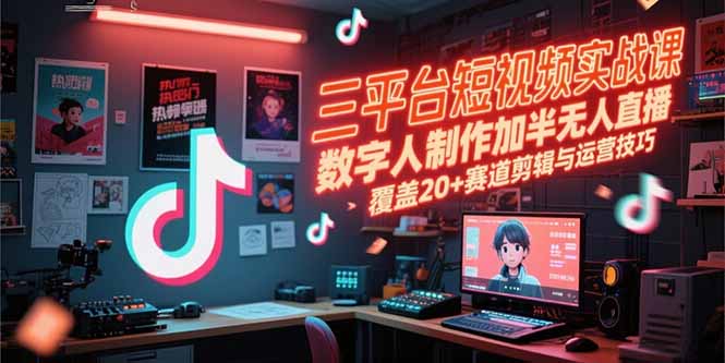 三平台短视频实战课，数字人制作加半无人直播，覆盖20+赛道剪辑与运营技巧-汉兴项目网创资源网