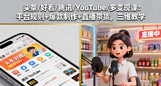 头条/好看/腾讯/YouTube/多变现课：平台规则+爆款制作+直播带货，三维教学-汉兴项目网创资源网