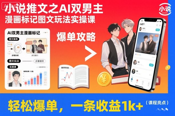 小说推文之AI双男主漫画标记图文玩法实操课，轻松爆单，一条收益1k+-汉兴项目网创资源网