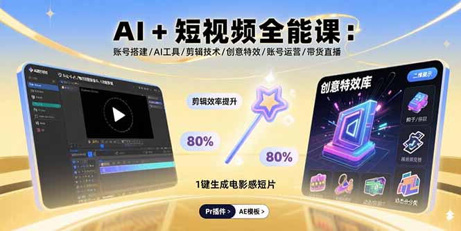 AI+短视频全能课：账号搭建/AI工具/剪辑技术/创意特效/账号运营/带货直播-汉兴项目网创资源网