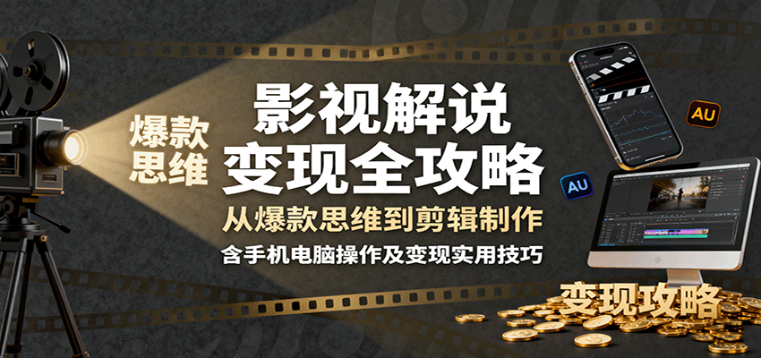 影视解说变现全攻略:从爆款思维到剪辑制作,含手机电脑操作及变现实用技巧-汉兴项目网创资源网