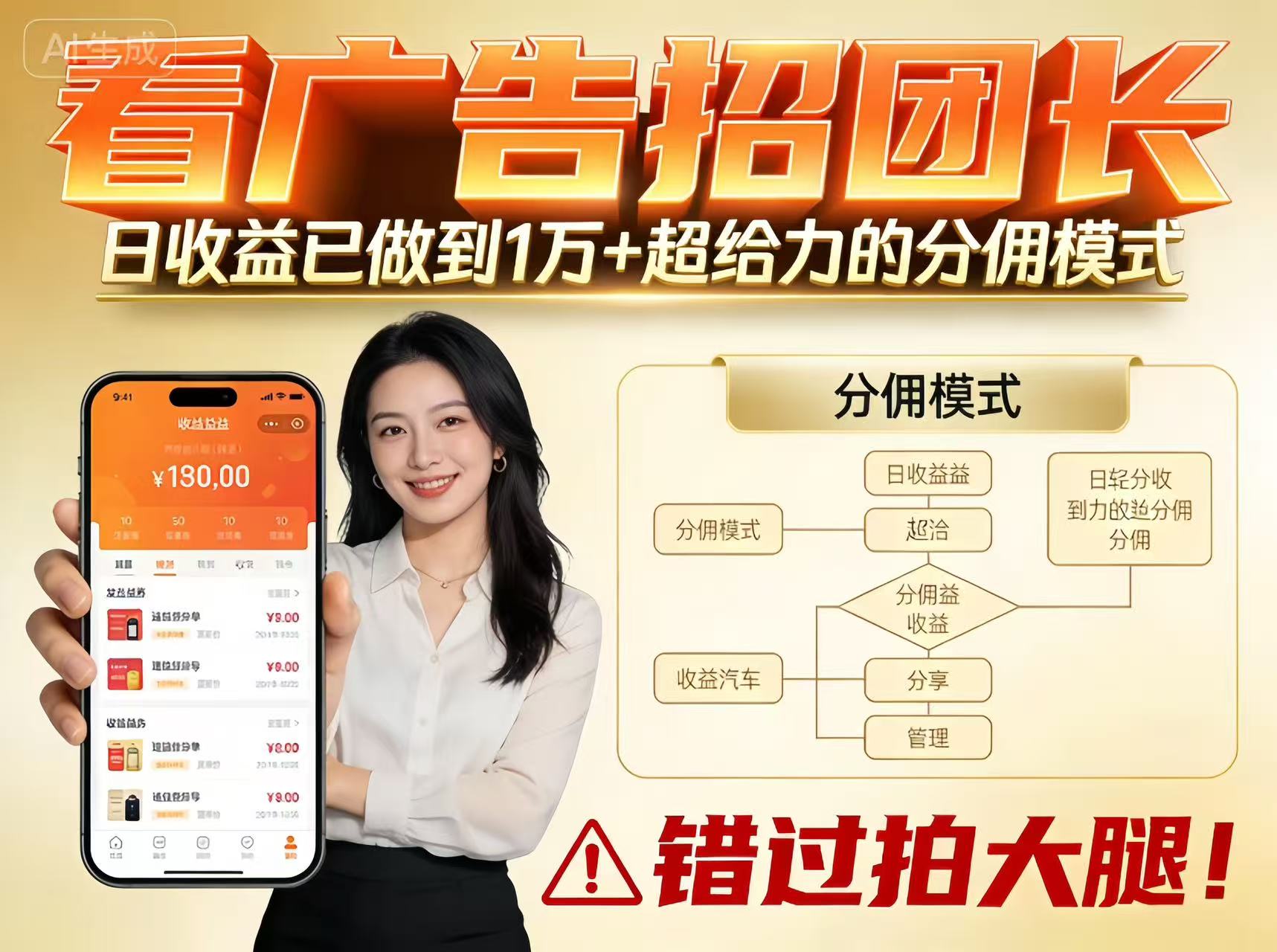 看广告招团长，团队收益已做到日入1万，分佣模式超给力，错过拍大腿-汉兴项目网创资源网