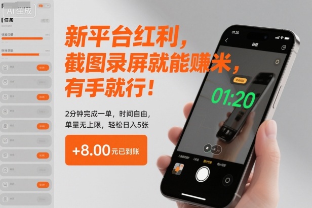 新平台红利,截图录屏就能賺米,有手就行!2分钟完成一单,时间自由,单量无上限,轻松日入5张【揭秘】-汉兴项目网创资源网