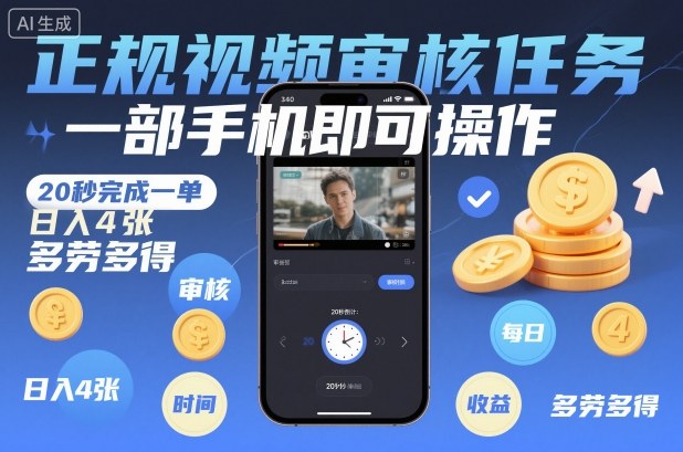 正规视频审核任务，一部手机即可操作，20秒完成一单，日入4张，多劳多得【揭秘】-汉兴项目网创资源网