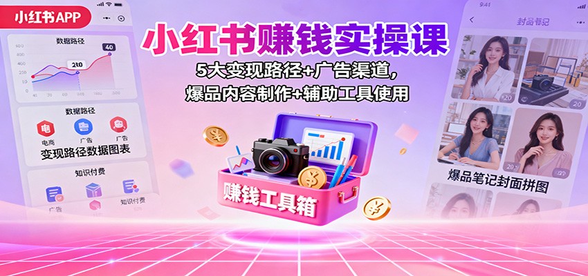 小红书赚钱实操课:5大变现路径+广告渠道,爆品内容制作+辅助工具使用-汉兴项目网创资源网