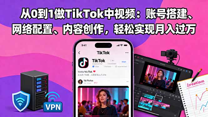 从0到1做TikTok中视频：账号搭建、网络配置、内容创作，轻松实现月入过万-汉兴项目网创资源网