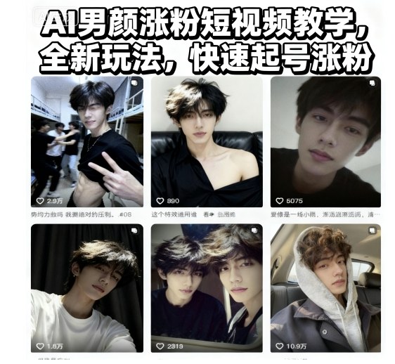 AI男颜涨粉短视频教学,全新玩法,快速起号涨粉-汉兴项目网创资源网