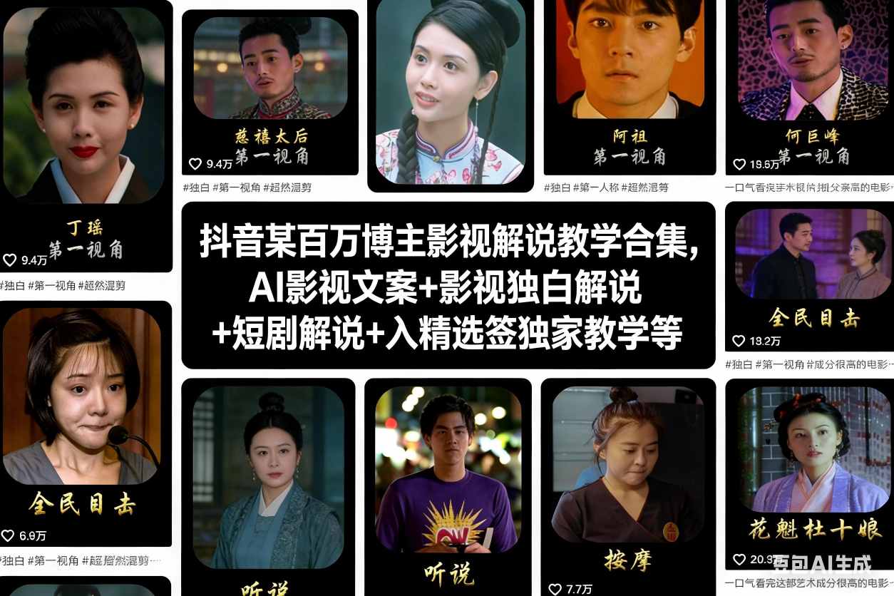 抖音某百万博主影视解说教学合集,AI影视文案+影视独白解说+短剧解说+入精选签独家教学等-汉兴项目网创资源网