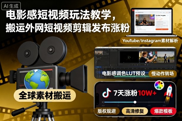 电影感短视频玩法教学,搬运外网短视频剪辑发布涨粉-汉兴项目网创资源网