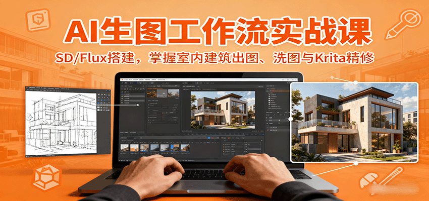 AI生图工作流实战课：SD/Flux搭建，掌握室内建筑出图、洗图与Krita精修-汉兴项目网创资源网