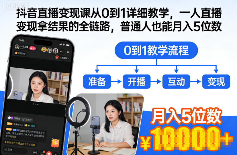 抖音直播变现课从0到1详细教学，一人直播变现拿结果的全链路，普通人也能月入5位数-汉兴项目网创资源网