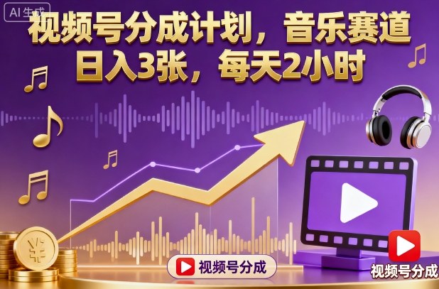 视频号分成计划，音乐赛道，日入3张，每天2小时-汉兴项目网创资源网