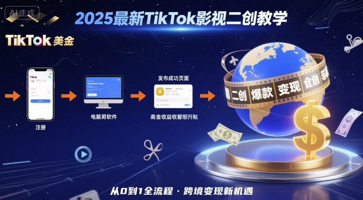 2025年最新TikTok影视二创教学，从注册到发布撸美金全流程，跨境变现新机遇-汉兴项目网创资源网