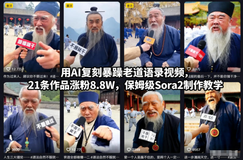 用AI复刻暴躁老道语录视频，21条作品涨粉8.8W，保姆级Sora2制作教学-汉兴项目网创资源网