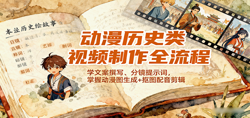 图片[1]-动漫历史类视频制作全流程，学文案撰写、分镜提示词，掌握动漫图生成+抠图配音剪辑-汉兴项目网创资源网