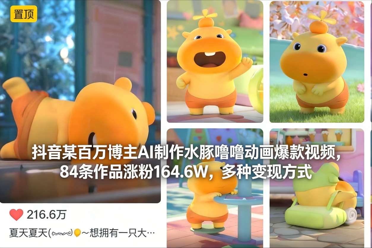 抖音某百万博主AI制作水豚噜噜动画爆款视频，84条作品涨粉164.6W，多种变现方式-汉兴项目网创资源网