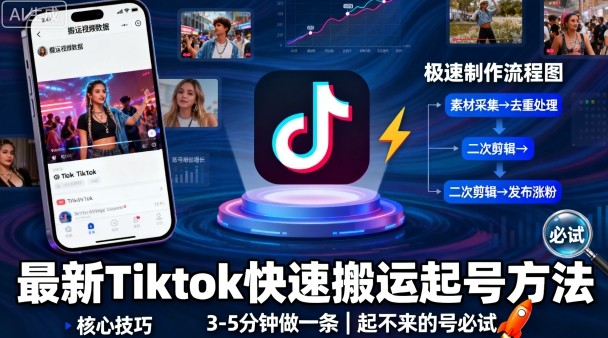 最新Tiktok快速搬运快速起号方法，3-5分钟做一条，起不来的号可以试试-汉兴项目网创资源网