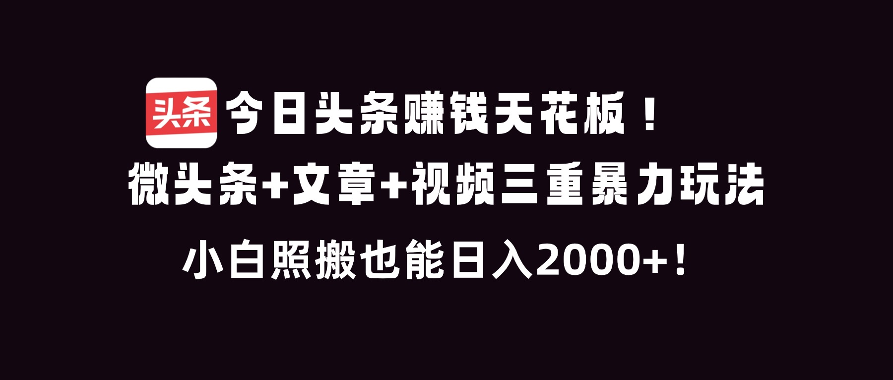 今日头条赚钱天花板!微头条+文章+视频三重暴利玩法,小白照搬也能日人2000+-汉兴项目网创资源网