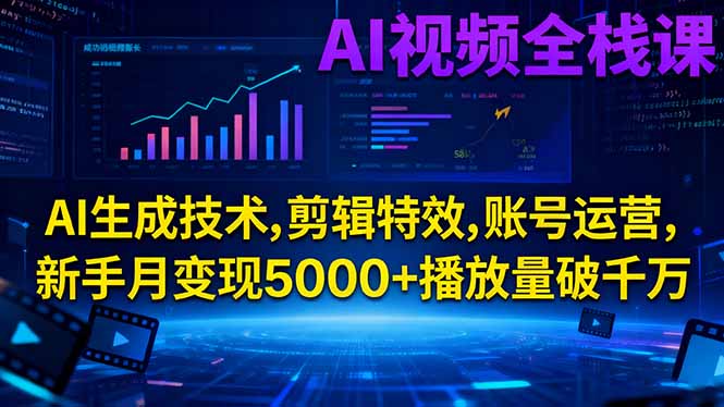 AI视频全栈课:AI生成技术,剪辑特效,账号运营,新手月变现5000+播放量破千万-汉兴项目网创资源网