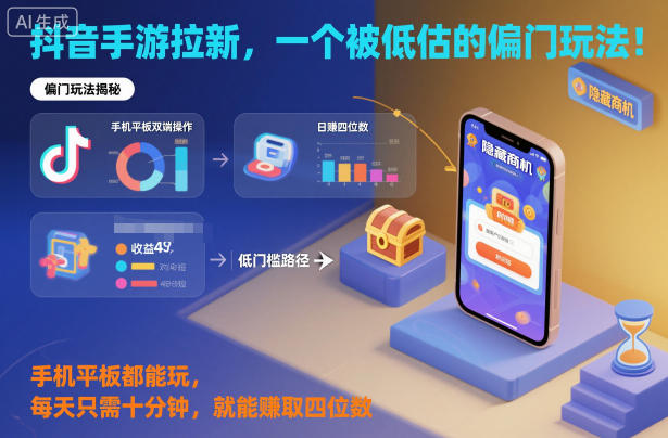 抖音手游拉新，一个被低估的偏门玩法！手机平板都能玩，每天只需十分钟，就能賺取四位数【揭秘】-汉兴项目网创资源网